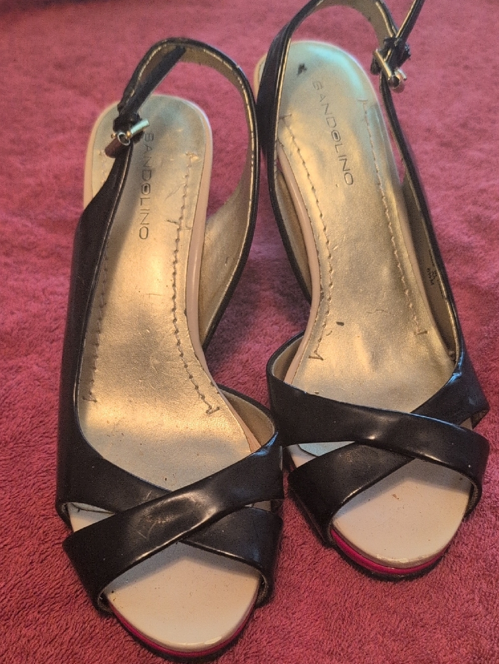 Bandolino Black Slingback Peep-Toe Heels with Pink Accent